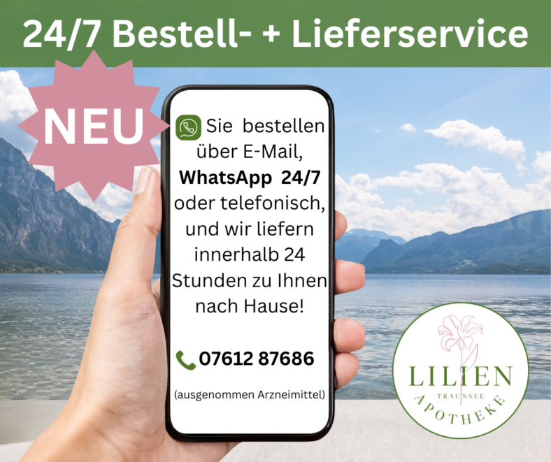 Hand mit Smartphone vor einer Seenlandschaft, das Informationen zu einem 24/7 Bestell- und Lieferservice anzeigt.