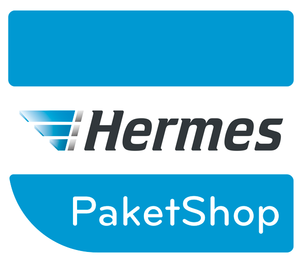 Logo des Hermes PaketShops in blauer Schrift auf weißem Hintergrund.