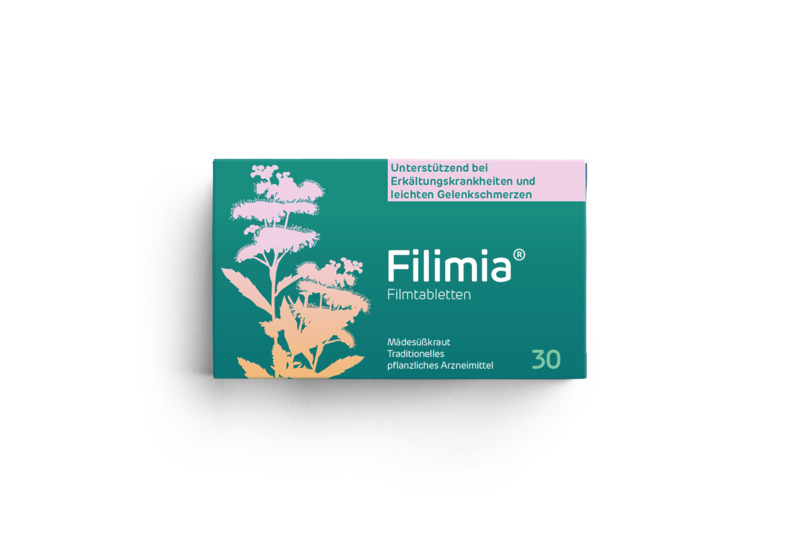 Verpackung von Filimia Filmtabletten mit Pflanzenmotiven, unterstützt bei Erkältungen und Gelenkschmerzen.