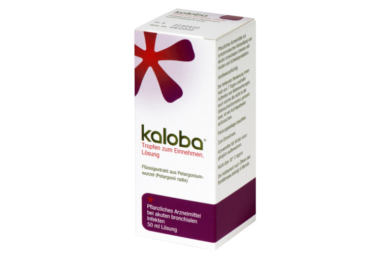 Verpackung von kaloba Tropfen, pflanzliches Arzneimittel in einer weißen Box mit rotem Logo und Informationen zur Anwendung.