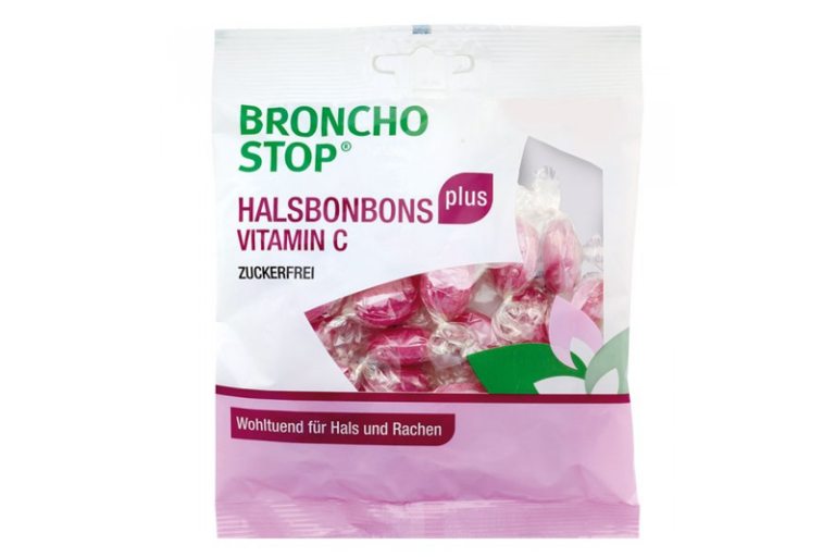 Verpackung von Broncho Stop Halsbonbons plus Vitamin C, zuckerfrei, mit einer rosa Farbgestaltung.